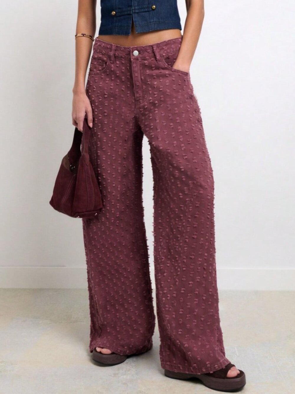 Purple Casual Women's Space Dye Zipper Fly Loose Mid-Waist Long Wide-Leg Pants